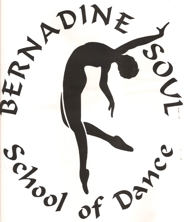 A cartoon of a dancer doing a back bend surrounded by the words Bernadine Soul School of Dance.