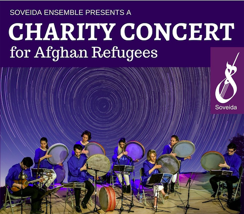 Sovedias Ensemble playing their instruments in a concert, on a poster that says Soveida Ensemble presents a charity concert for Afghan Refugees.