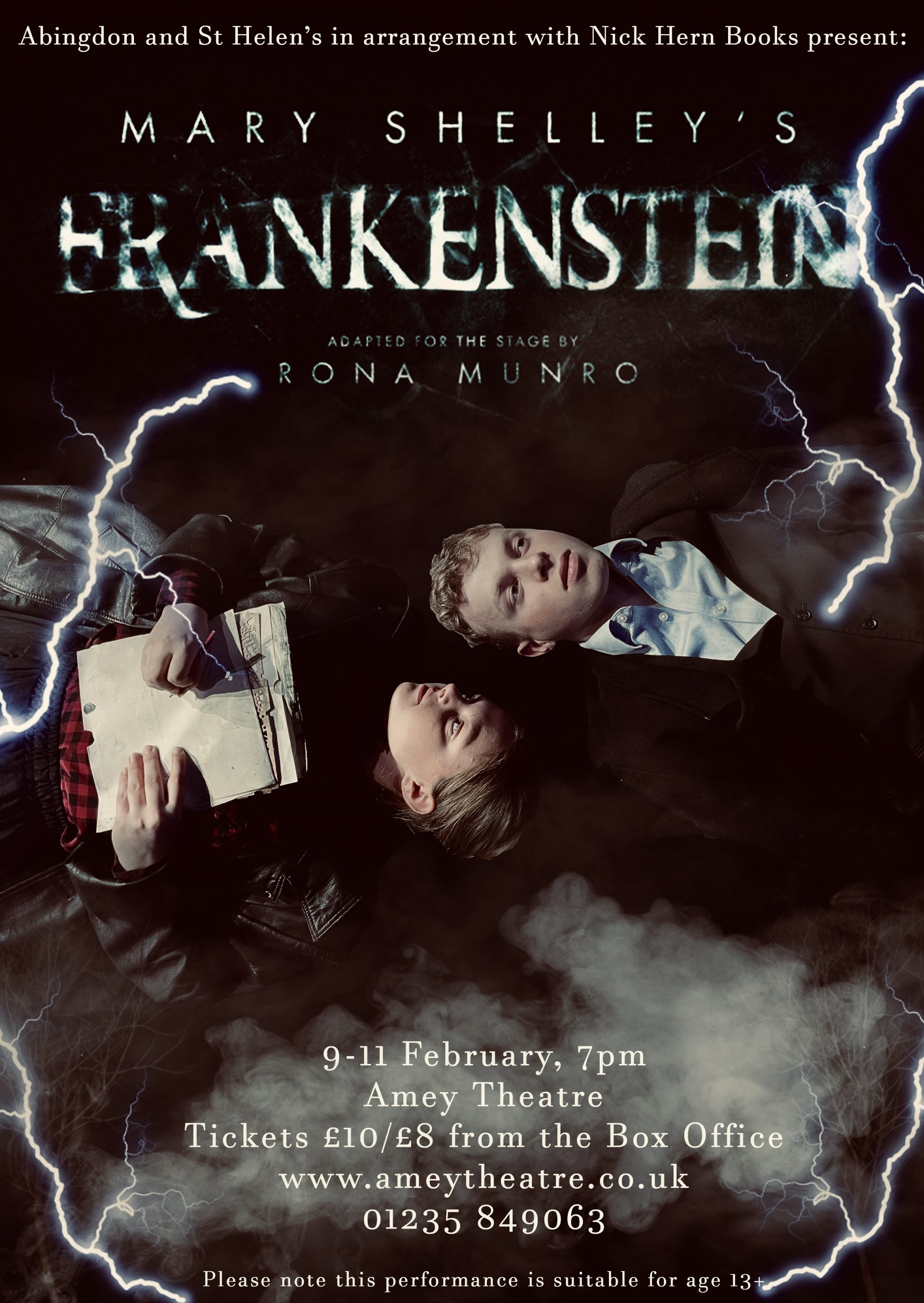 Frankenstein poster - Mary Shelley and Victor Frankenstein lying in amongst smoke and lightning