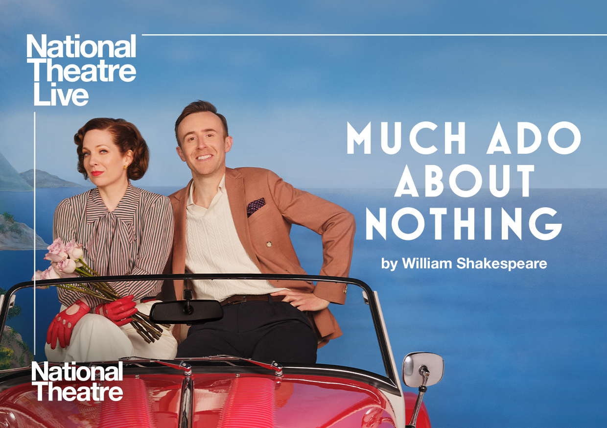 A man and a woman sat in a red car in front of the ocean with the title Much Ado About Nothing on their left.