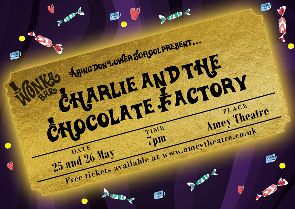 A big golden ticket on a purple background decorated with sweets