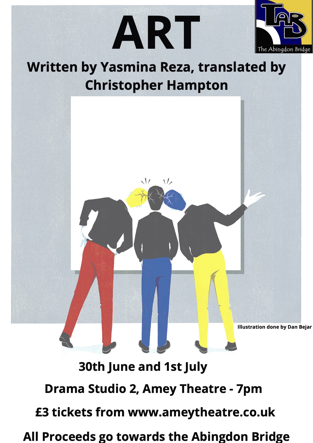 3 cartoon people with their heads together looking at a white painting