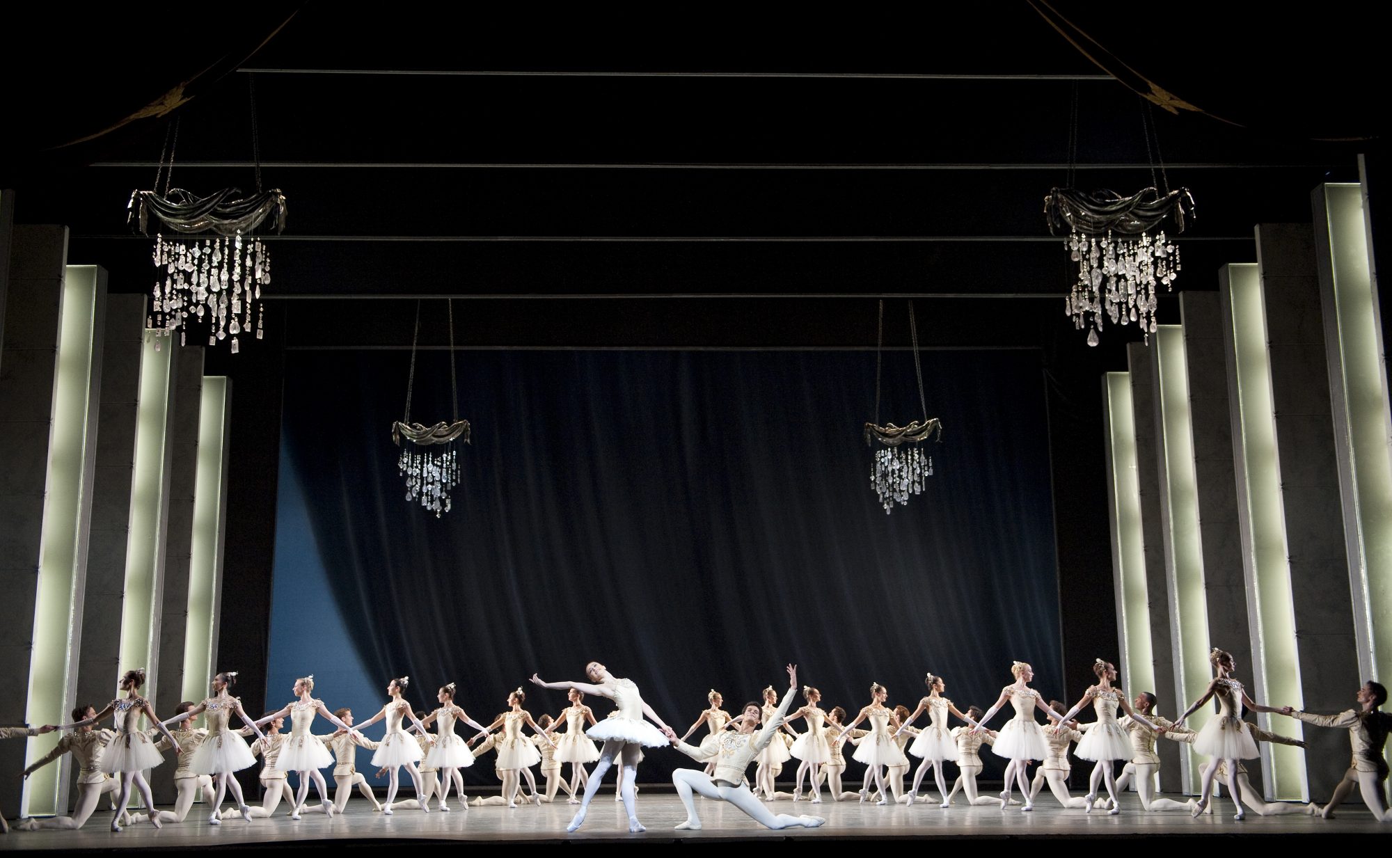 Ballet dancers in white dress on stage