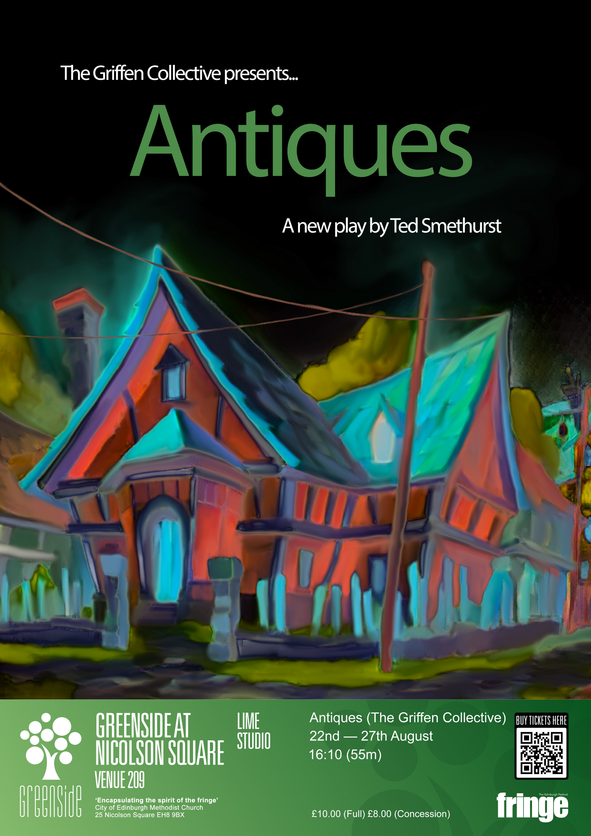 Poster advertising the show 'Antiques' featuring a brightly coloured eerie house on a black bacground.