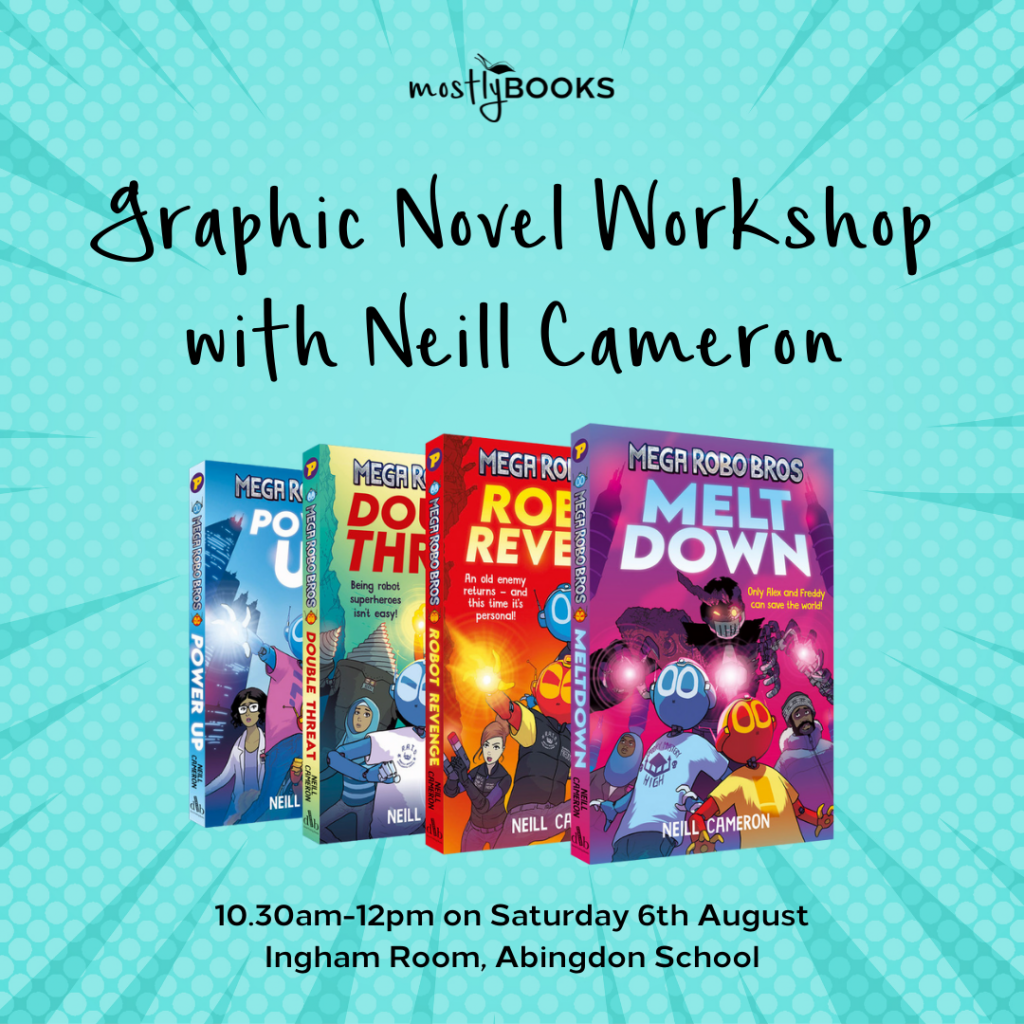 Electric blue background with 4 graphic novels in front, advertising the graphic novel workshop