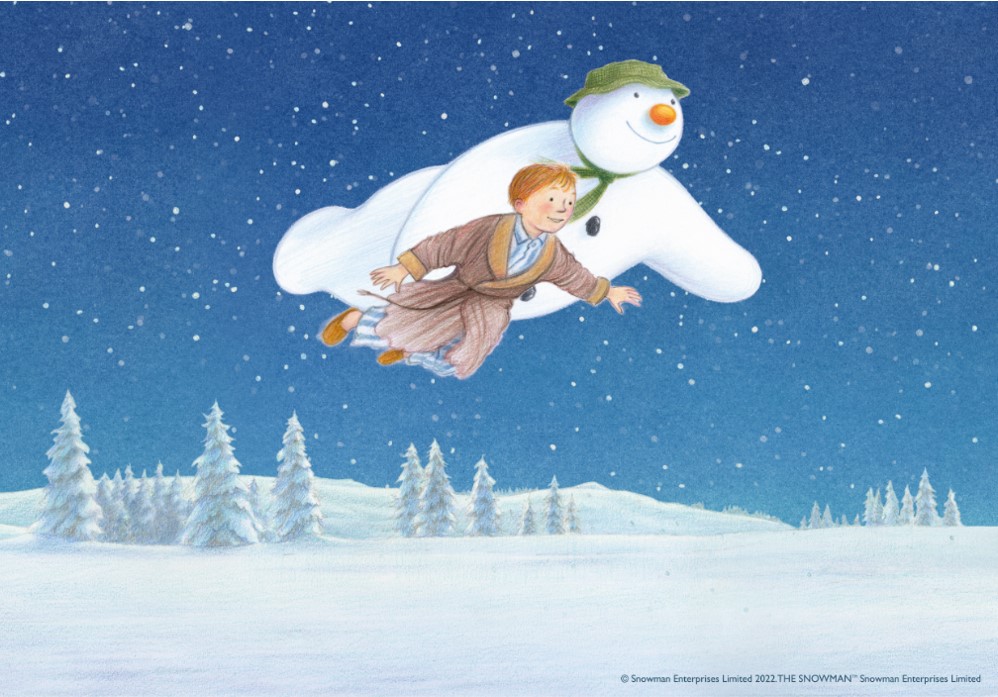 Raymond Briggs' illustration of The Snowman and boy flying through a snowy sky