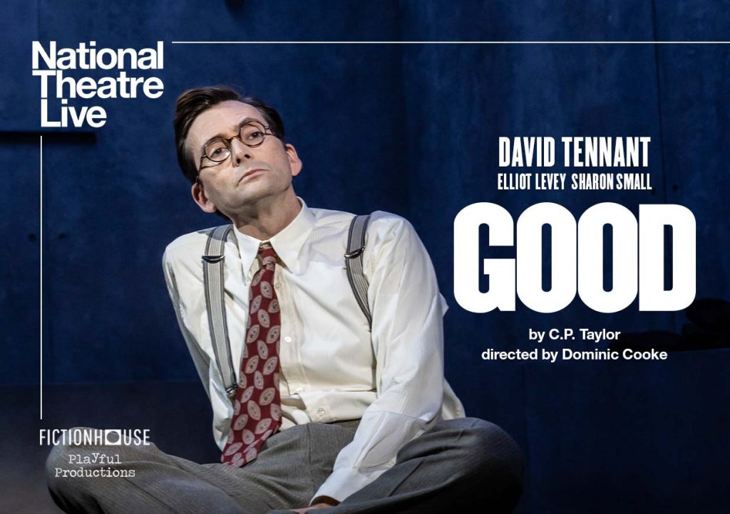 Actor David Tennant in costume of white shirt, braces, tie and glasses, sat looking into the distance. Title in white text around him.