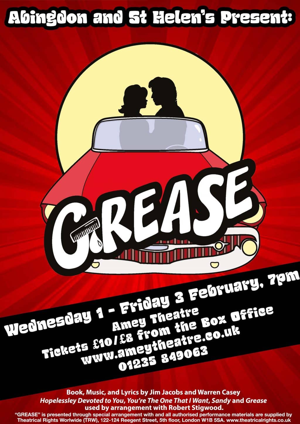 Red car with Danny and Sandy silhouetted in front of a red background. Grease title over the top.