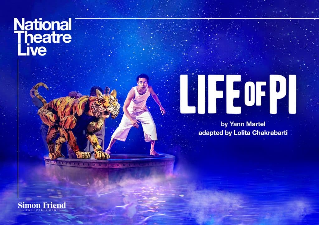 Boy with life-like puppet tiger looking across water, with starry sky in the background