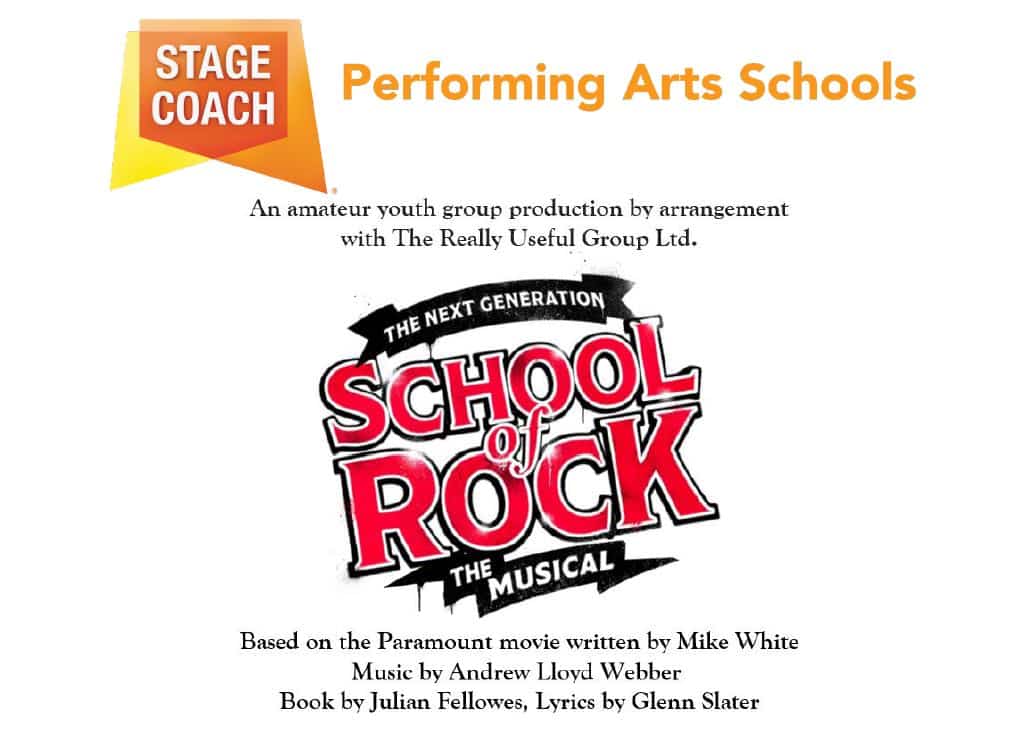 Red and black 'School of Rock' title against a white background