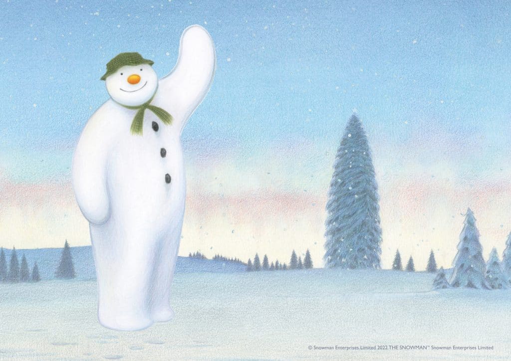 A cartoon snowman waving.