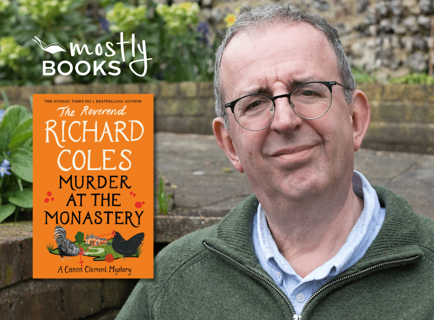 Picture of Reverend Richard Coles with an image of his book 'Murder at the Monastery' next to him.