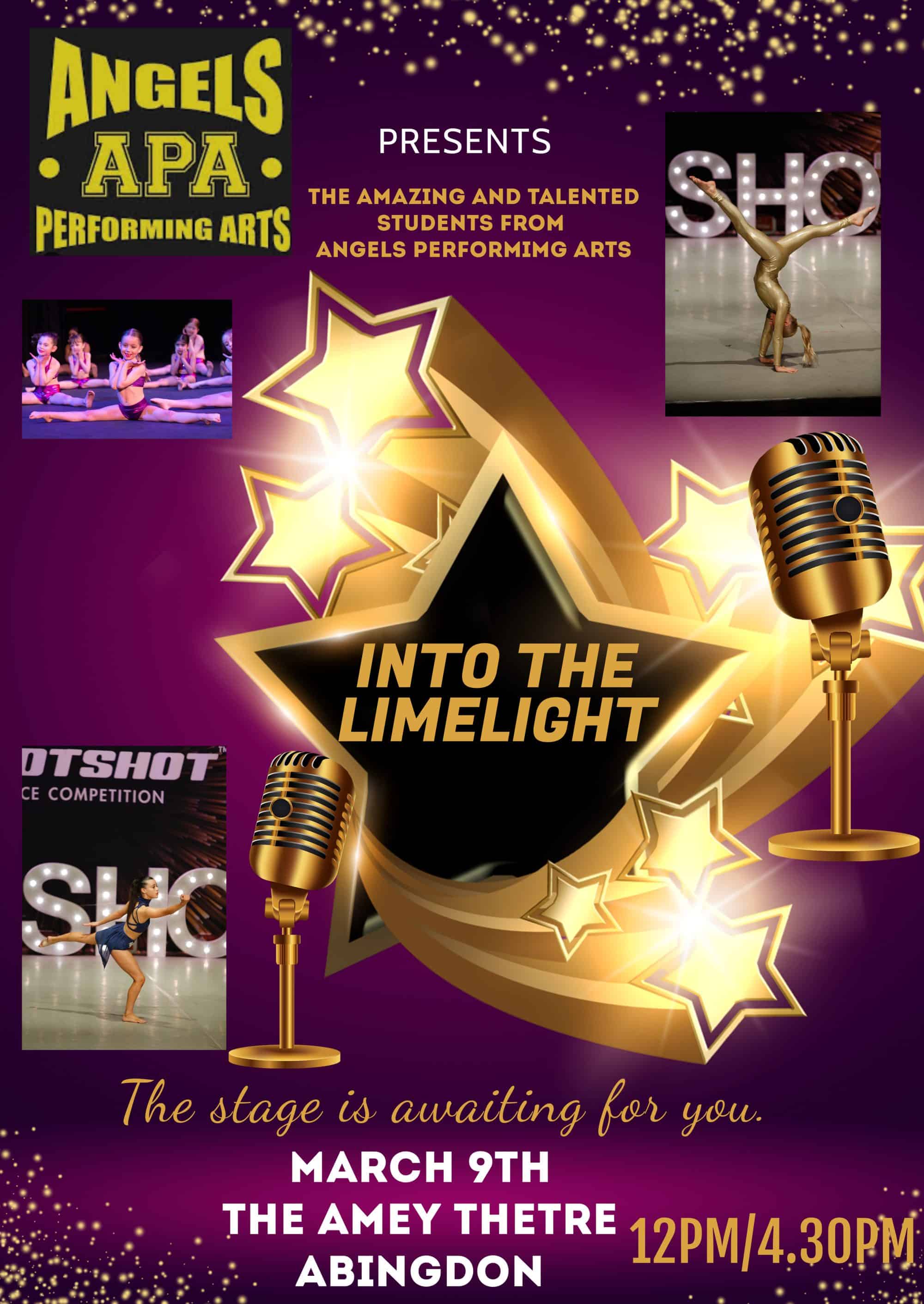A purple poster showing various activites of Angles performing Arts and show information