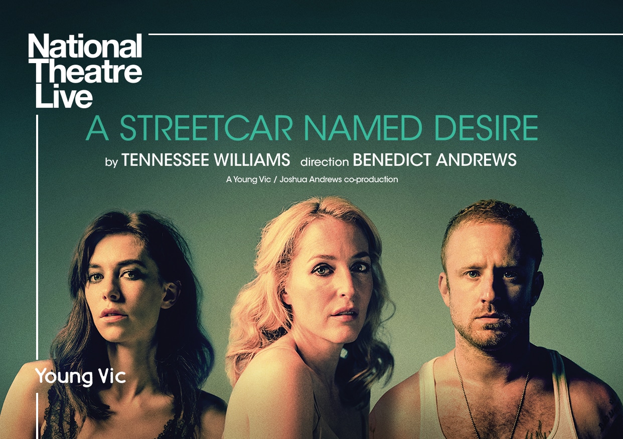 A poster for A Streetcar Names Desire featuring the show title and three of the charaters on a turquoise background