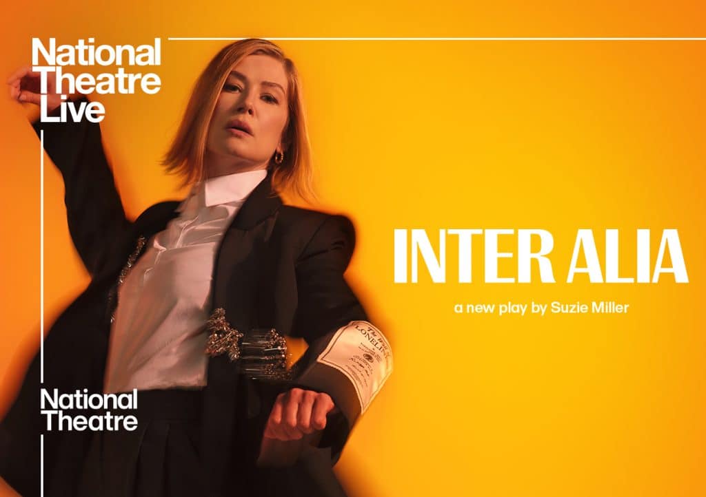 Performance poster showing Rosamond Pike on a yellow background.