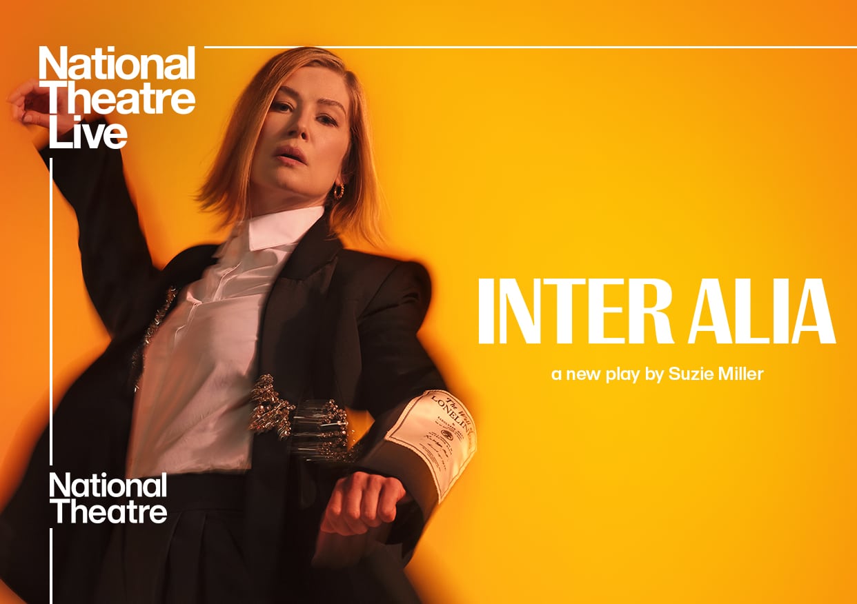Performance poster showing Rosamond Pike on a yellow background.