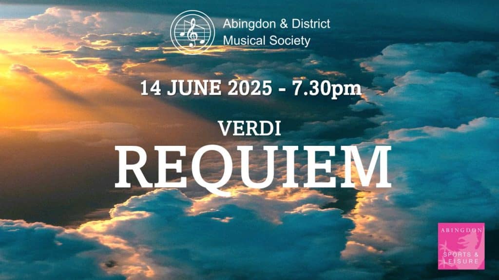 Cloudy sunset sky with the title of the event in white text