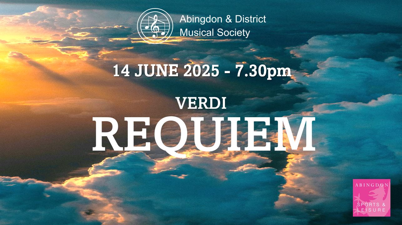 Cloudy sunset sky with the title of the event in white text