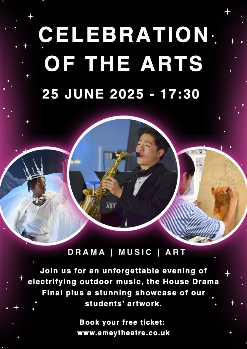 Pink and black poster depicting drama, music and art activities