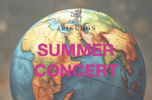 A globe against a bronze background with text of the concert name and date in pink