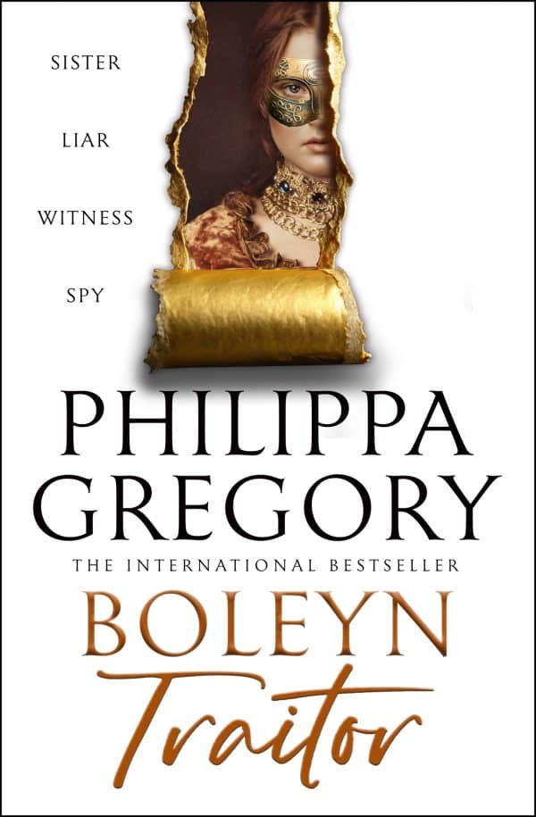 A cover of the Boleyn Traitor book, white with gold text