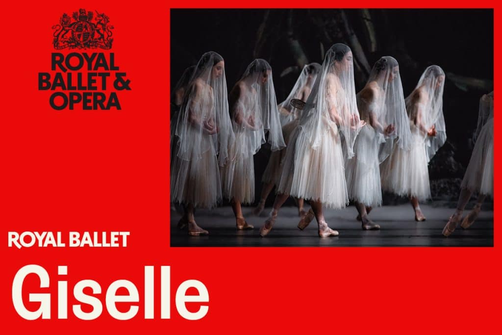 A photo of dancers in white dresses and white veils. The photo is set on a red background featuring the Royal Ballet and Opera Logo and the title 'Giselle'.