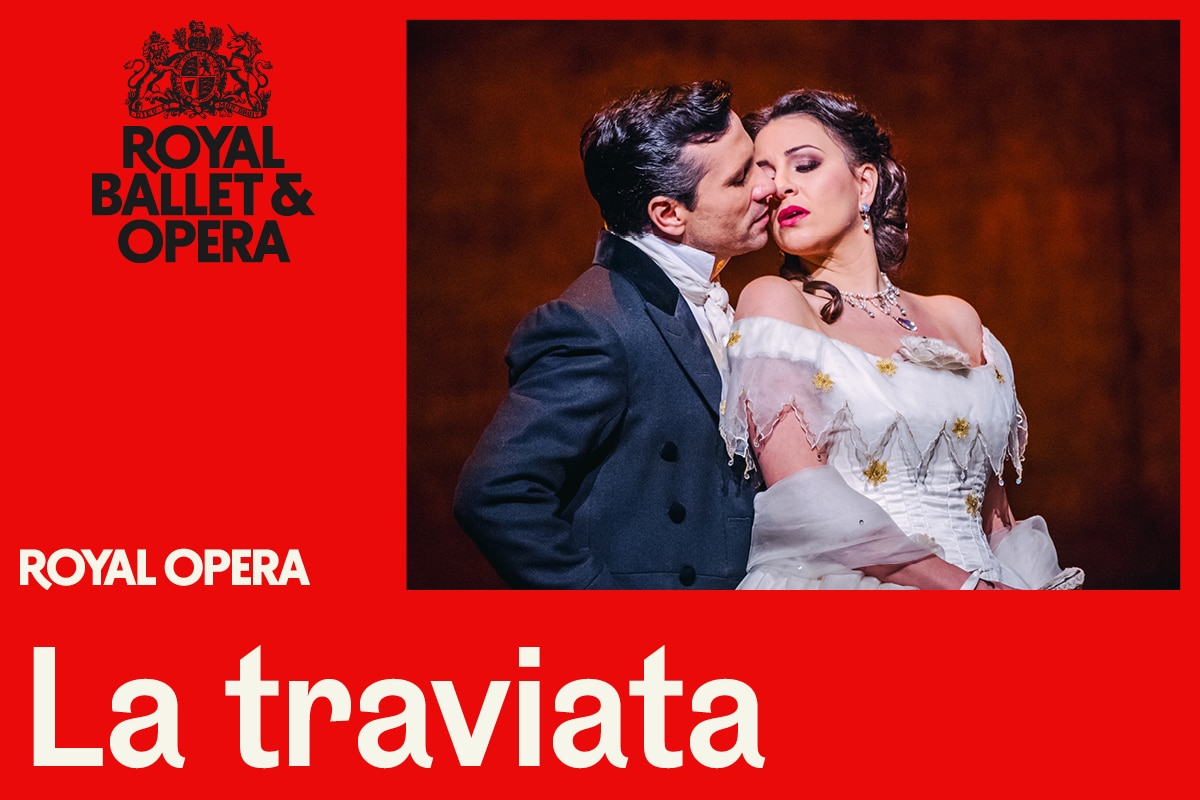 a photo of two principal characters passionately embracing, on a red background featuring the royal opera house log and the title 'La traviata'