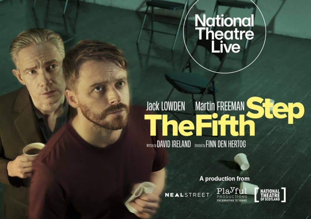 Poster for the The Fifth Step with Jack Lowden and Martin Freeman with a teal background