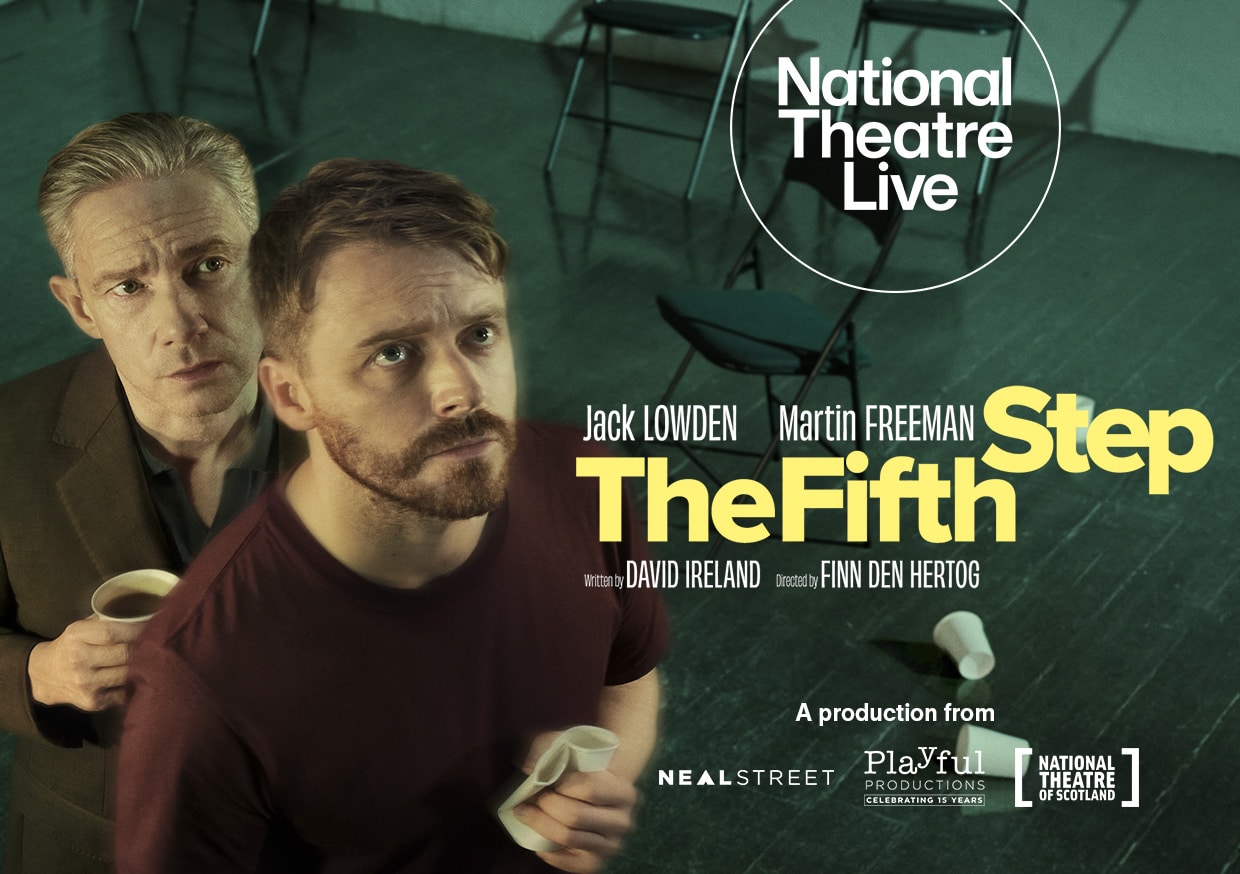 Poster for the The Fifth Step with Jack Lowden and Martin Freeman with a teal background