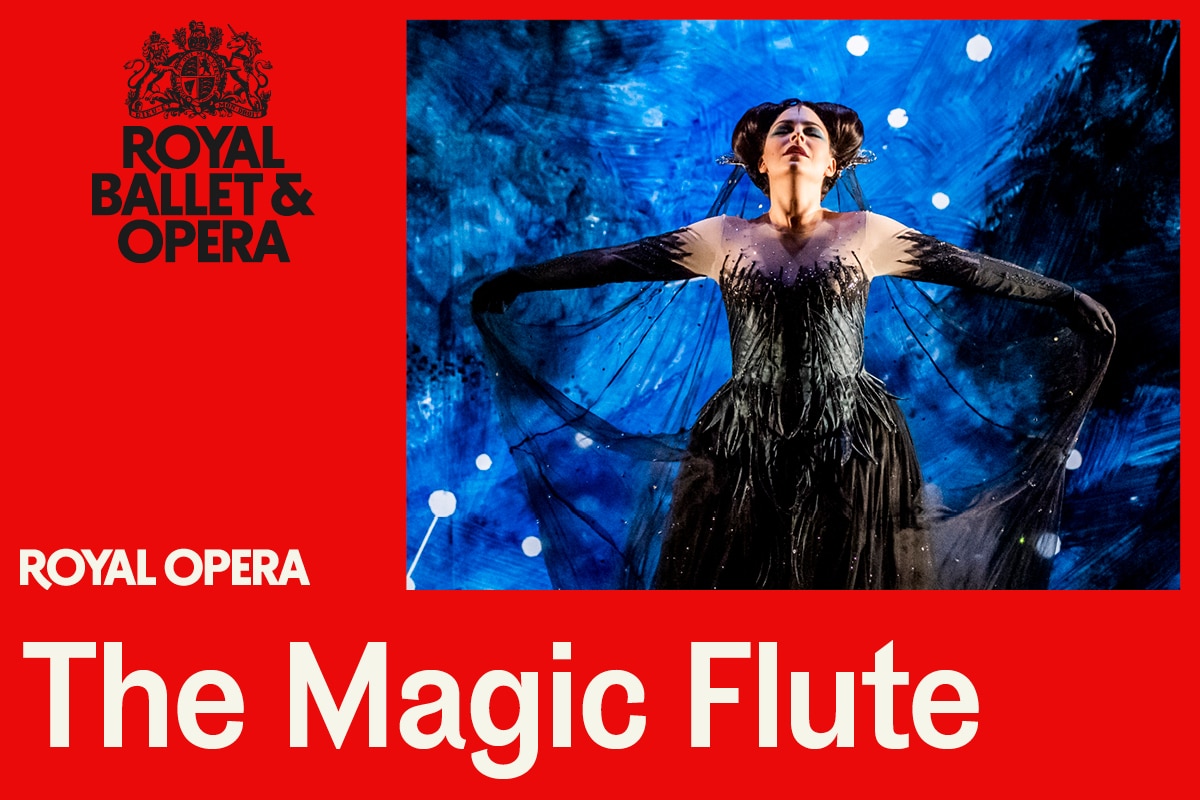Photo of a fantastically dressed woman, arms outspread, looking enraptured against an impressionistic blue background with stars. Photo is set on a red background with the Royal Ballet and Opera logo and the title 'The Magic Flute'.