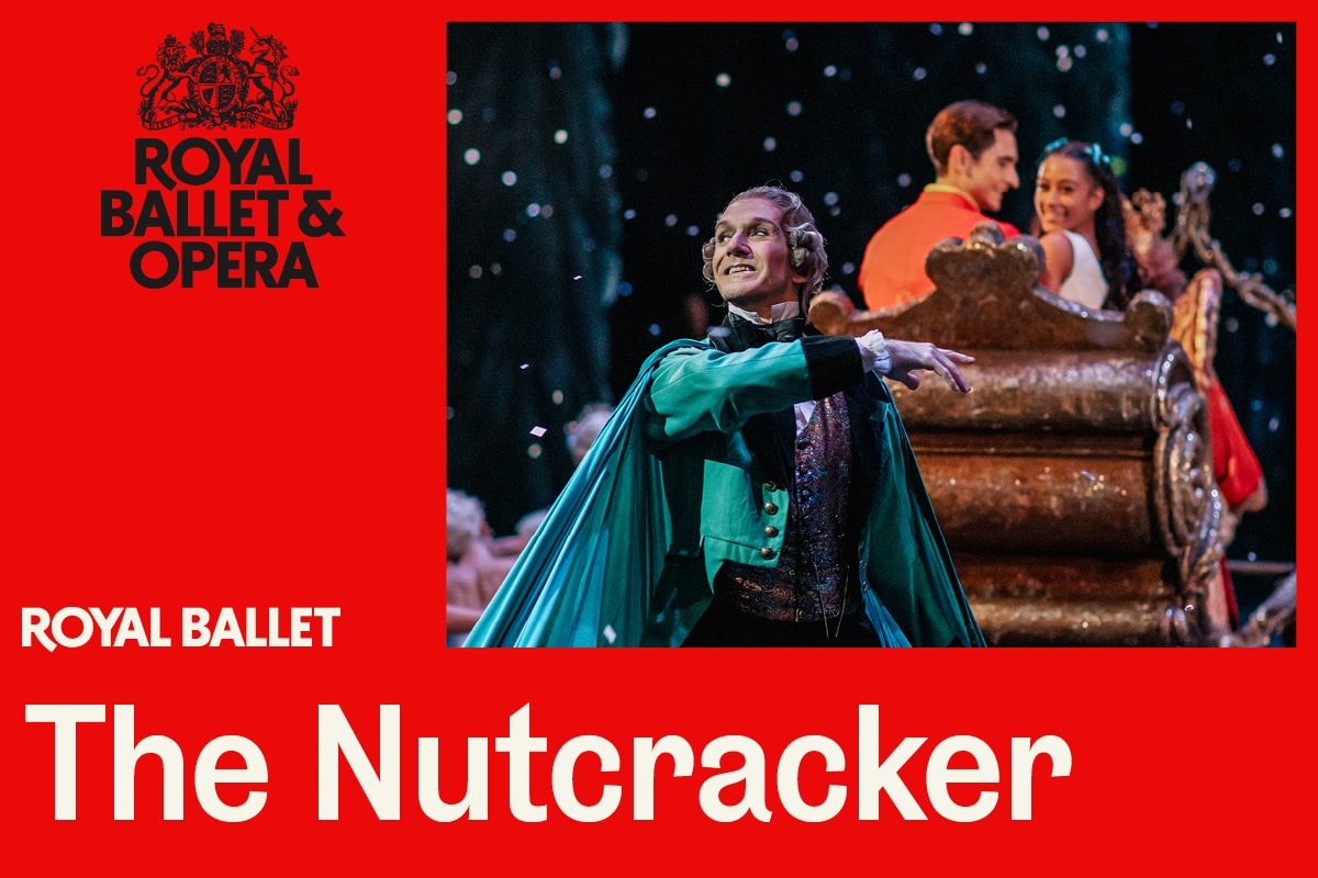 A photo from The Nutcracker featuring a young girl on a sleigh looking back over her shoulder towards a man in a cape who stands in the foreground. The photo is places on a red background featuring the Royal Opera House logo and the title 'The Nutcracker'