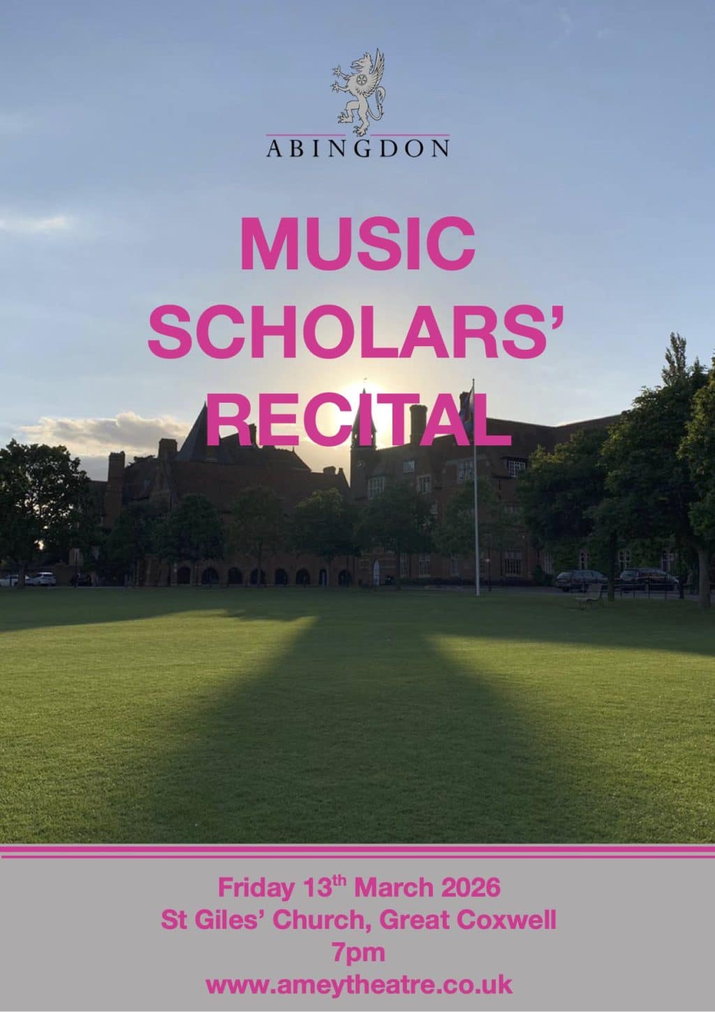 Old school building with the sun setting