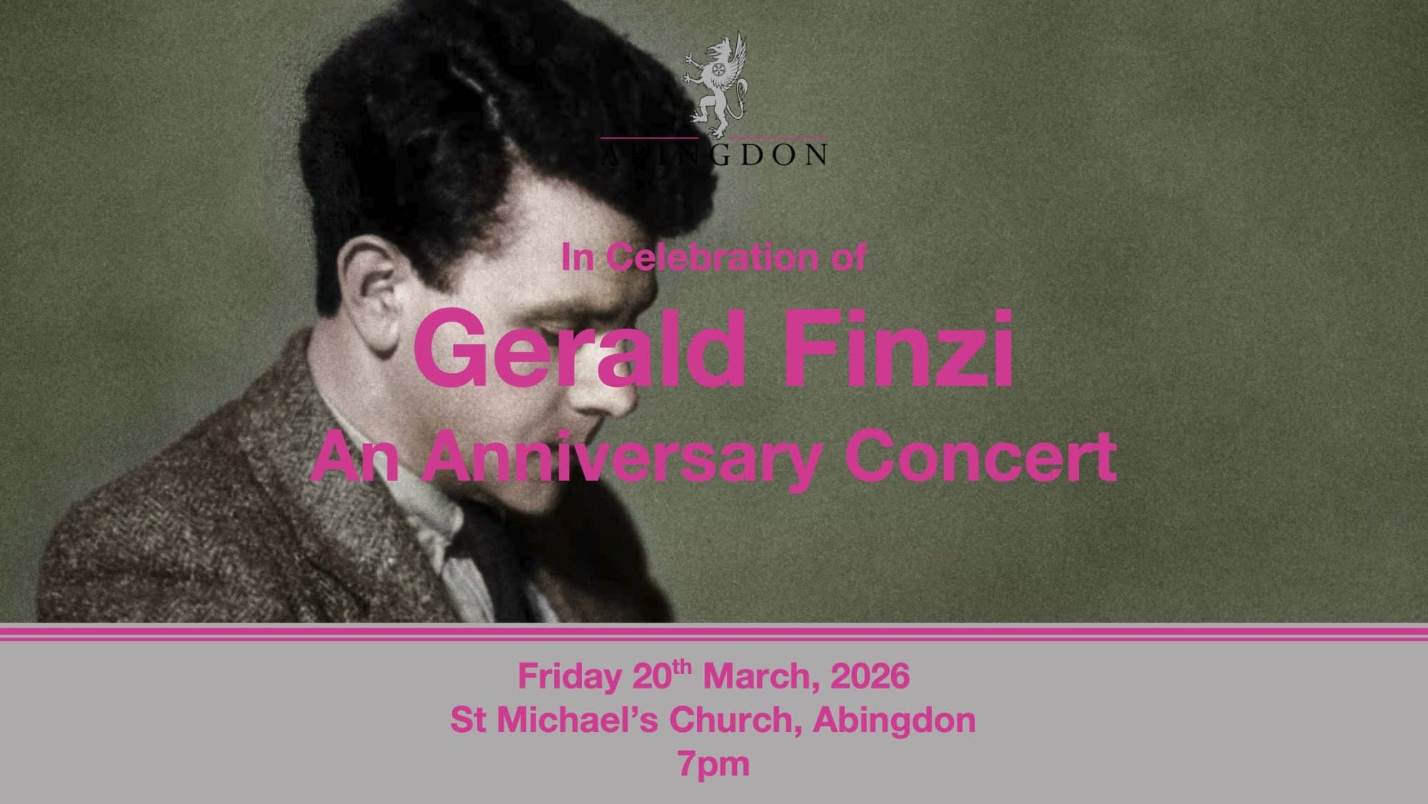 Grey scale photo of Gerald Finzi in a side profile. They have black hair and wearing a tweed suit